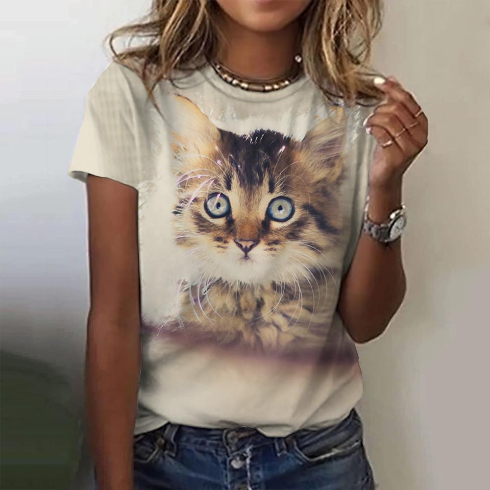 Summer Round Neck 3D Funny Cat Print Top Fashionable Casual Short Sleeved Women's T-shirts