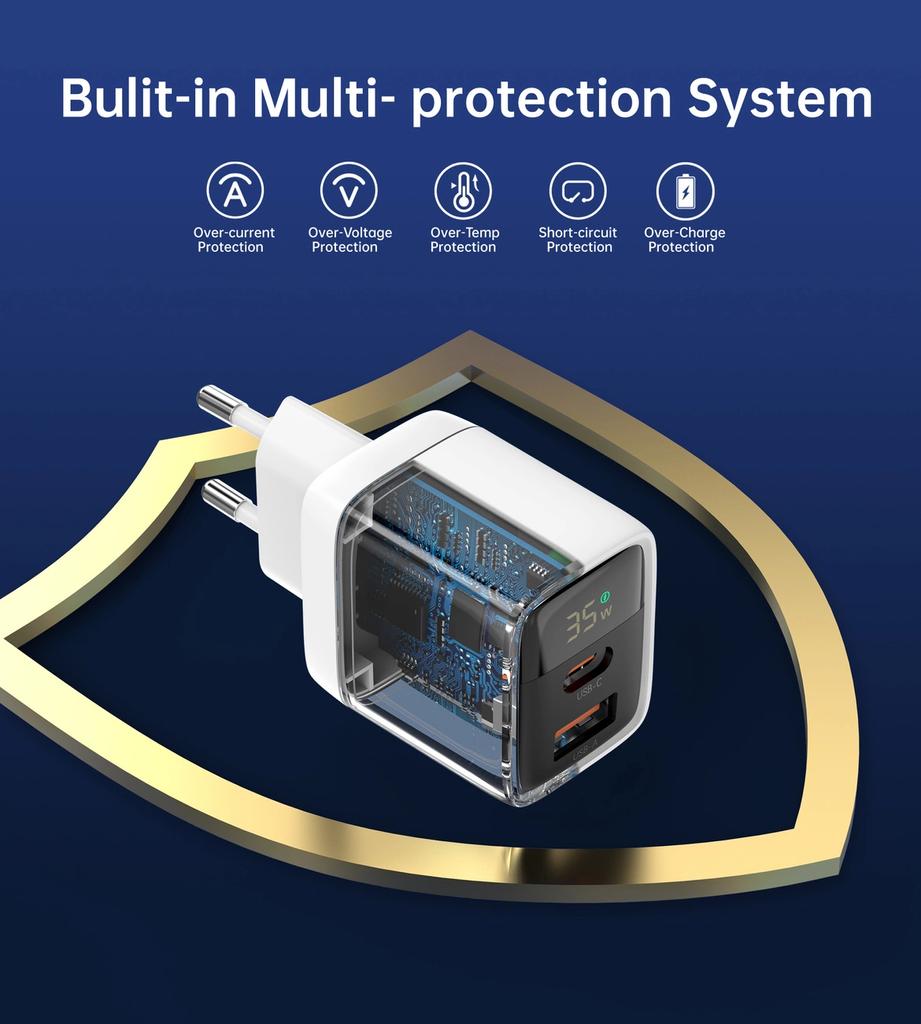 Ładowarka Sieciowa Choetech Pd6052 Usb-C Usb-A Pd 35W Gan Z Wyświetlaczem - Biała
