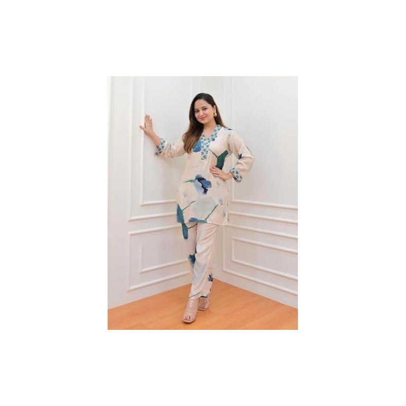 GRECIILOOKS Women Rayon A-Line Regular Fit Co Ord Sets (OFFWHITE, Large) L