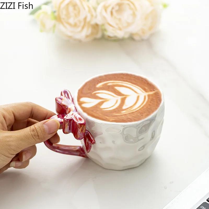 Pearl Color Glazed Porcelain Cups Lovely Bowknot Cup Handle Coffee Mug Dining Table Milk Mugs Afternoon Tea Teacup Juice Cup