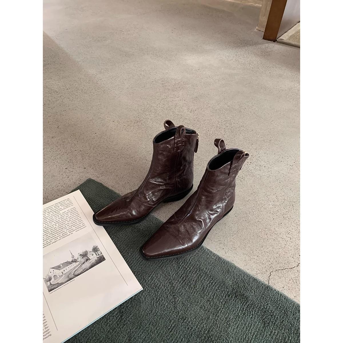 

Grape mother studiolee pointed V-mouth retro cowboy boots thick heel wrinkled western short boots women s autumn wear-resistant and non-slip 40