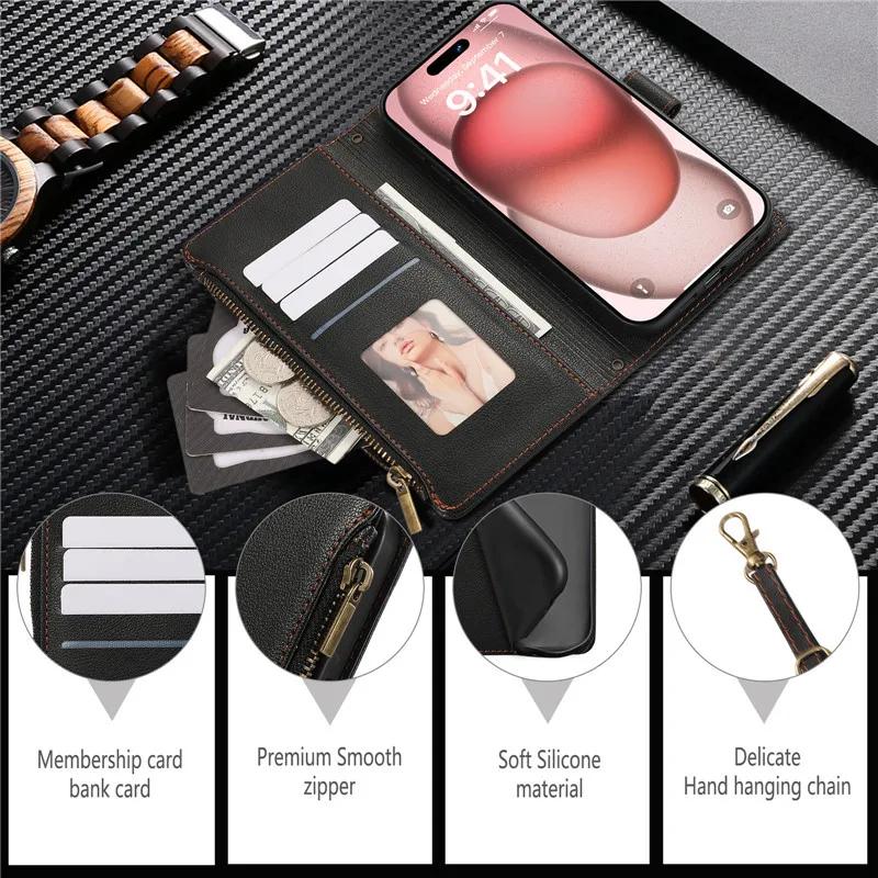 Long Lanyard Zipper Wallet Card Phone Case For iPhone 17 Pro Max Air 16E 16 Plus 15 14 13 12 11 XS XR X Flip Leather Cover Coque