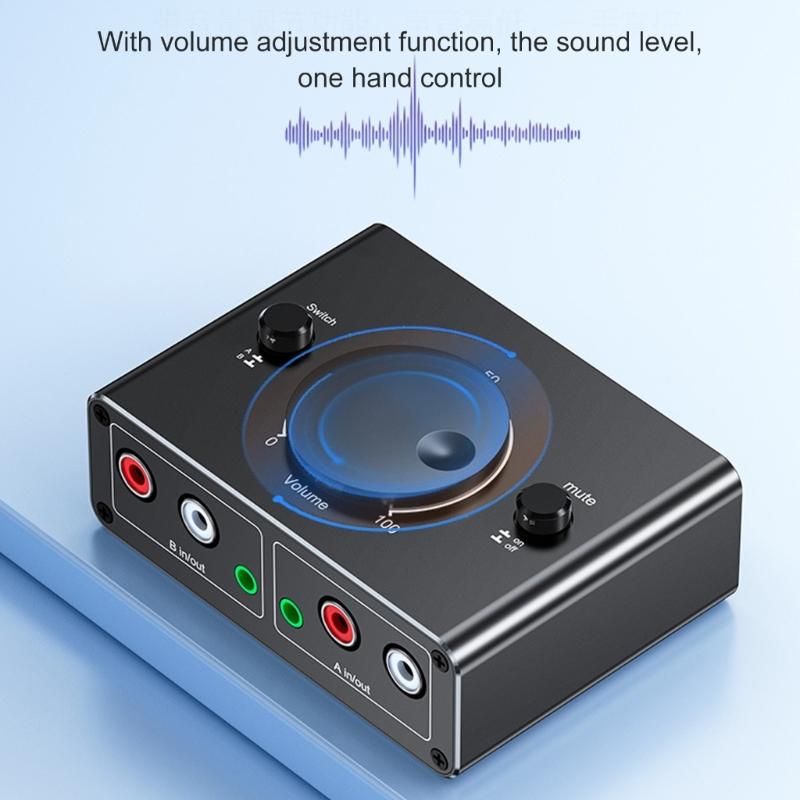 2 In 1 Out 3.5mm 2RCA Auditory Switcher Box Bidirectional Speaker Switcher with Mute Button and Sound Control