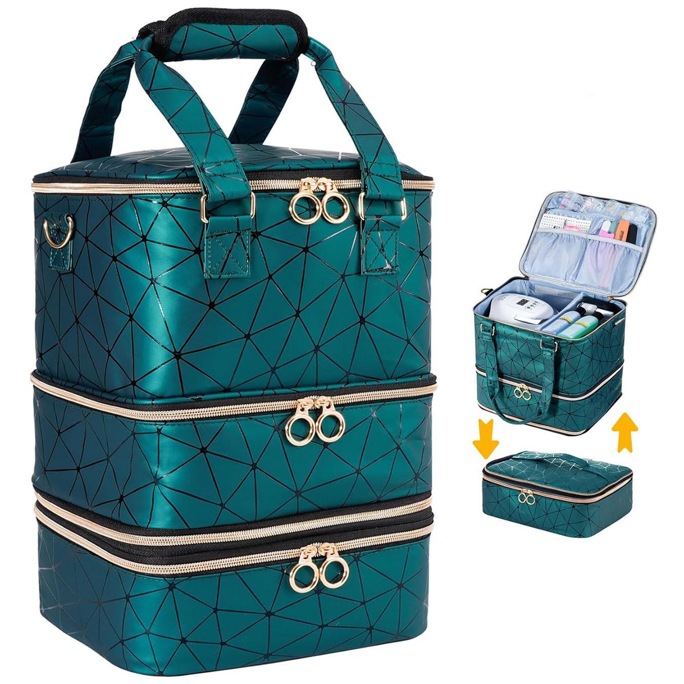 Съемная трехслойная сумка-органайзер для лака для ногтей и эфирных масел из ПУ - Большая вместимость, Портативная косметичка для 60 флаконов