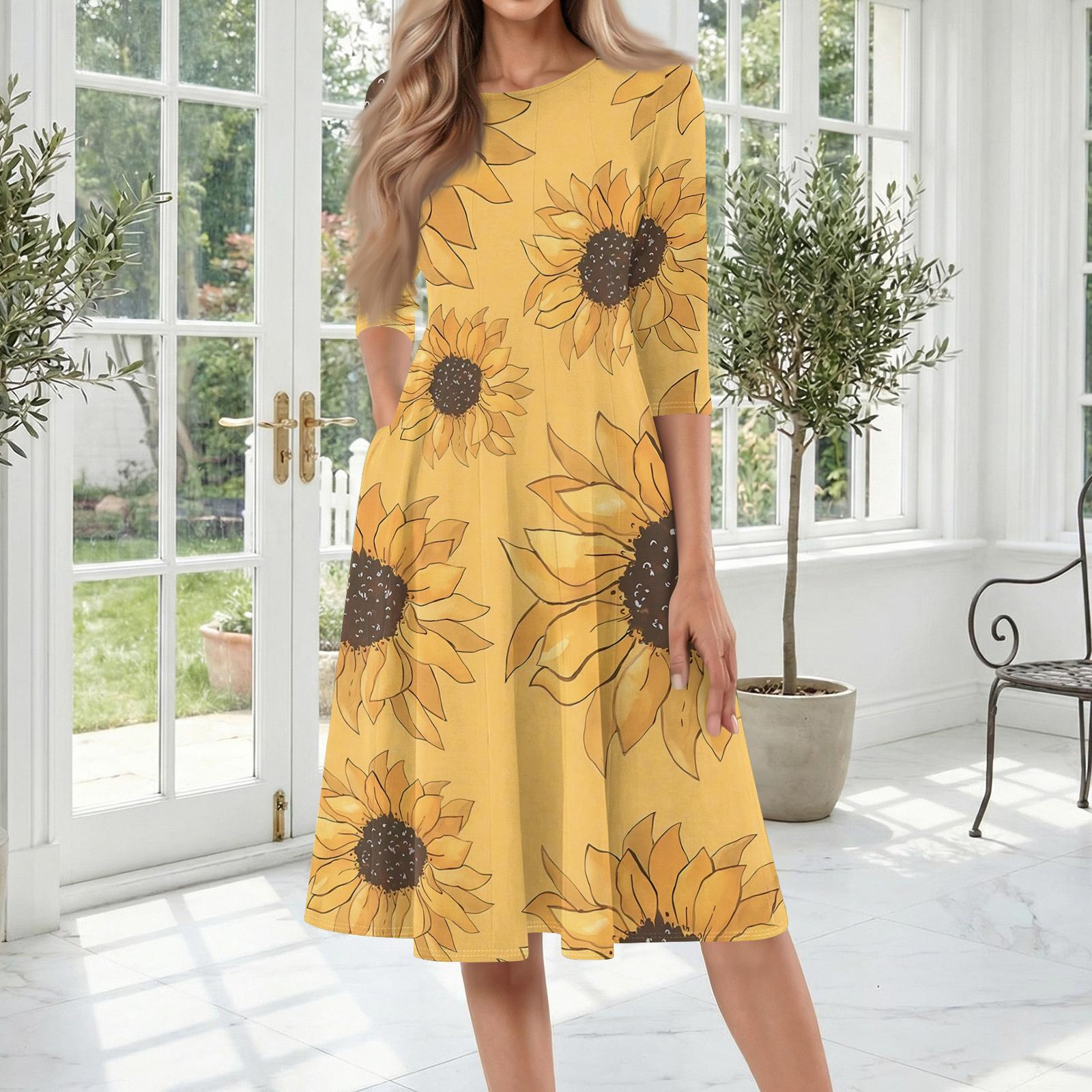

Women s Casual Fashion Round Neck Three Quarter Sleeve Printed Midi Dress XL жовтий
