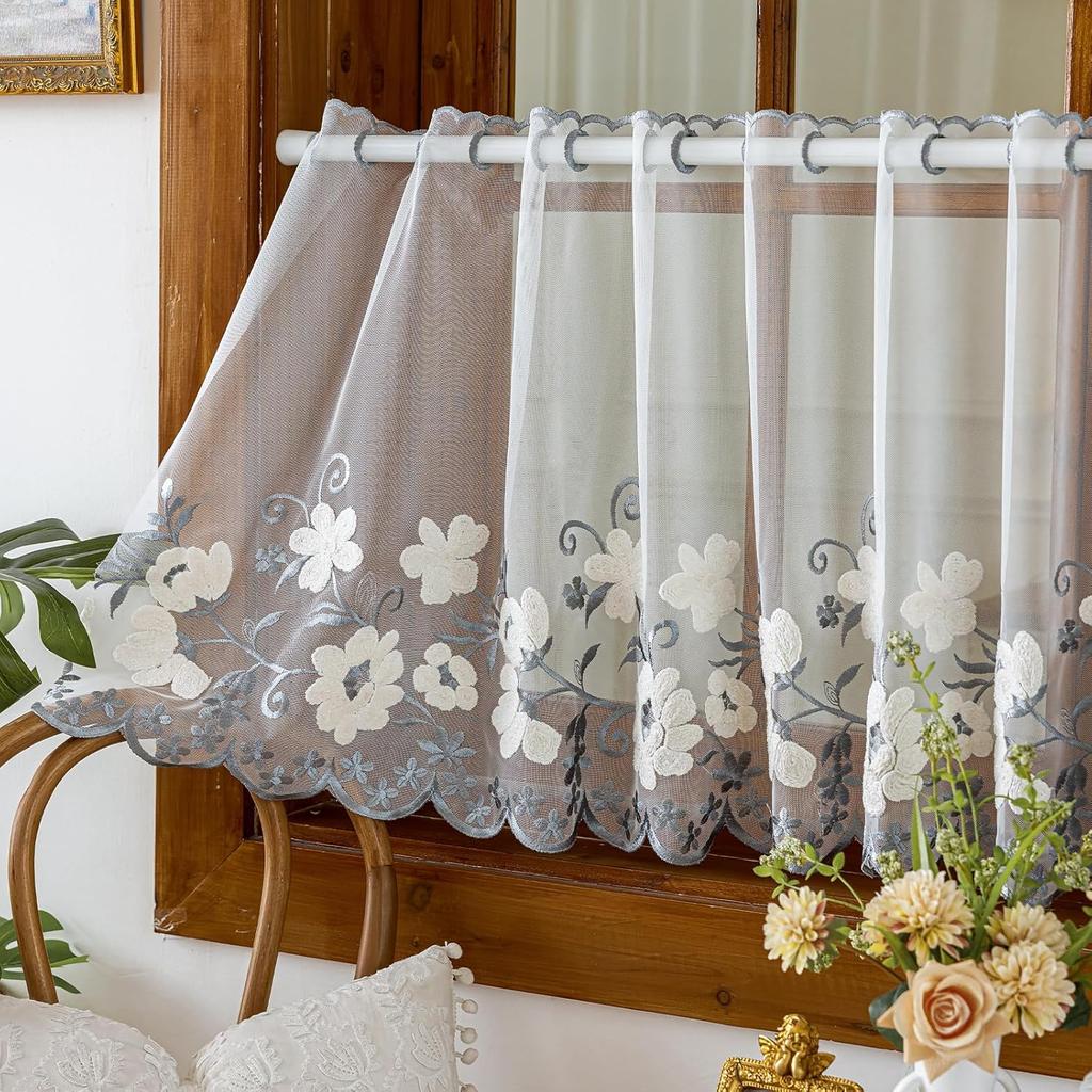 VOGOL Beige Sheer Lace Valance, Floral Embroidered Short Curtain for Kitchen Window, Grommet Rustic Farmhouse Window Topper for Bathroom & Living