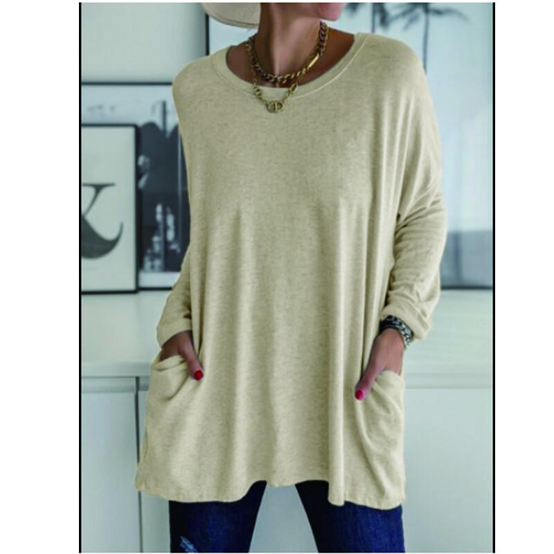 Women's Clothes Autumn Spring Long Sleeve Crew Neck T-shirt Long Sleeve Blouse; Pocket T Shirts for Women; Loose Fit Tops