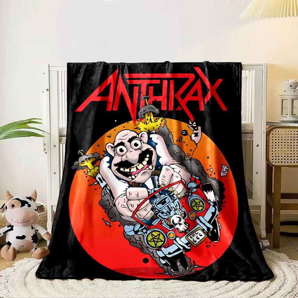 

A caricatured man drives a red car with explosions and bold Anthrax text. for all seasons blanket lunch break throw gift 80cm x 120cm
