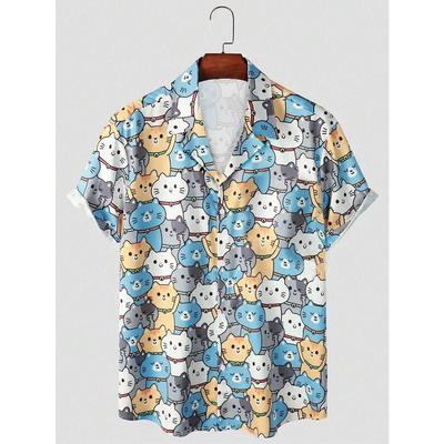 2026 New Fashionable Hawaiian Men's Cute Cat Printed Casual Harajuku Short Sleeved Shirt