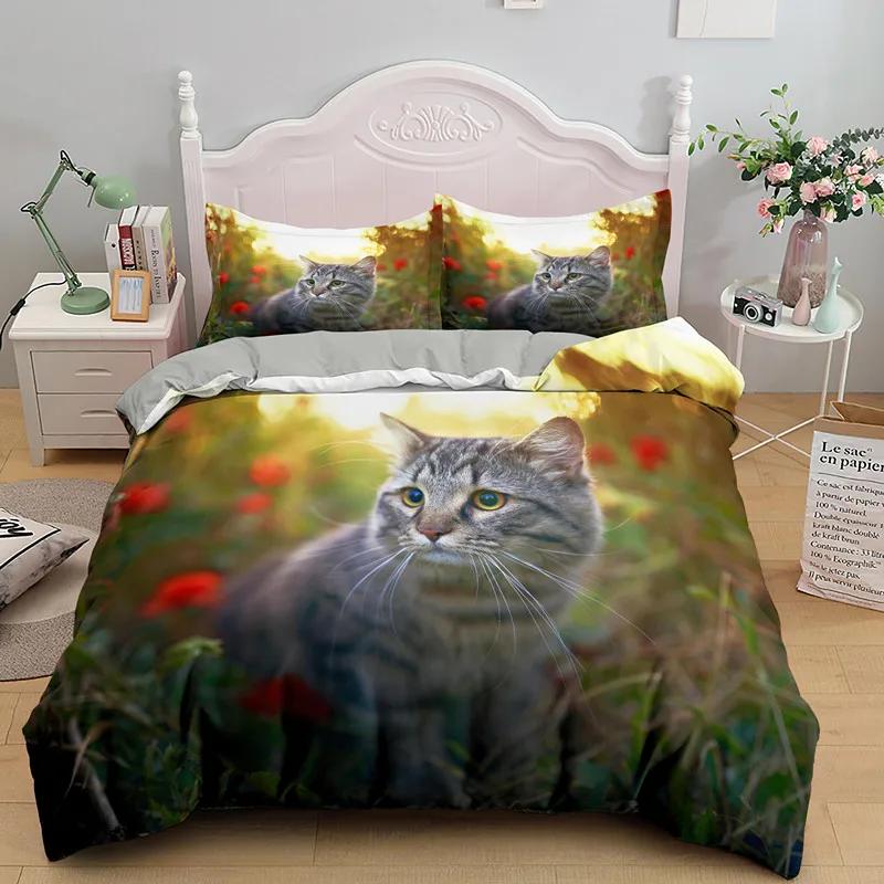 Cat Flowers King Queen Duvet Cover 3D Pet Kitty Floral Bedding Set Teens Adult Yellow Chrysanthemum 2/3pcs Polyester Quilt Cover