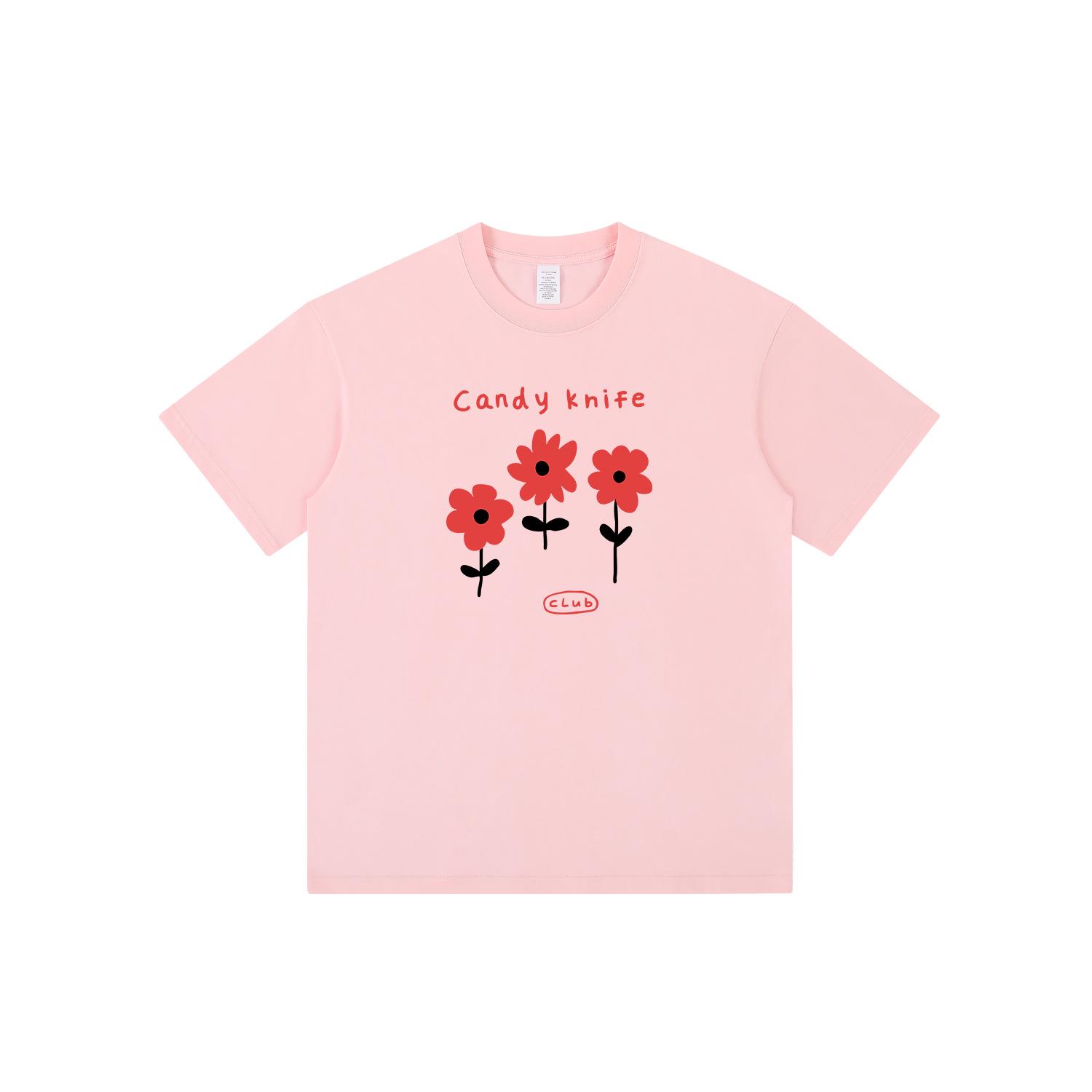 

New Fun Floral Print Preppy Short Sleeve T-Shirt, Niche High Street Loose Fit Top Small розовый