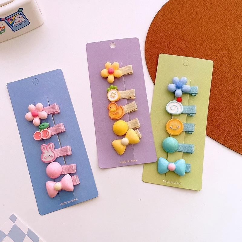 5-Piece New Colorful Small Cartoon Resin-fabric Covered Hair Clips. Cute Designs,hair-friendly Covered Clips,perfect for Hair.