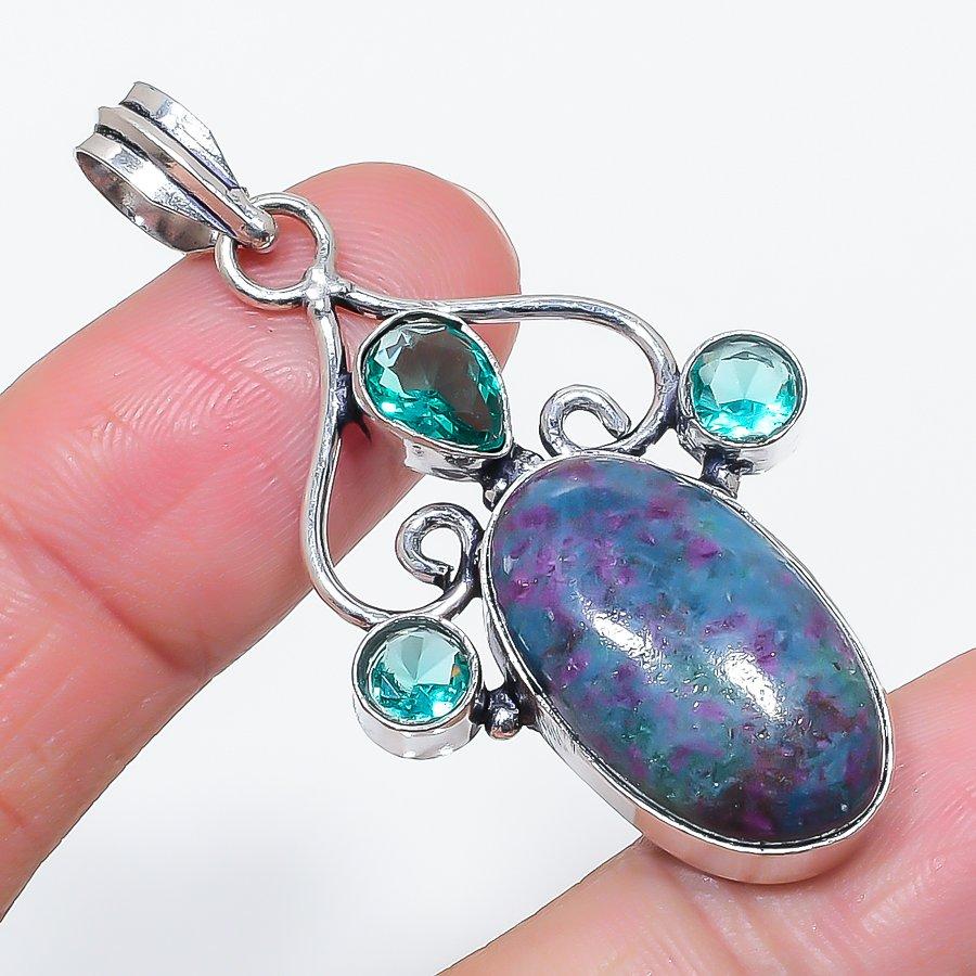Natural Ruby Fuchsite, Topaz 925 Sterling Silver Jewelry Pendant 2.25" t2c73