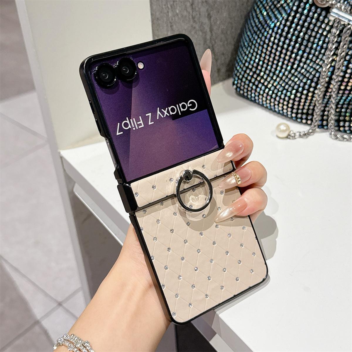 

Luxury Leather Diamond Glitter Ring Phone Case for Samsung Galaxy Z Flip 7 6 5 4 3 5G Flip7 FE Hinge Protect Shockproof Cover Galaxy Z Flip7 FE хакі