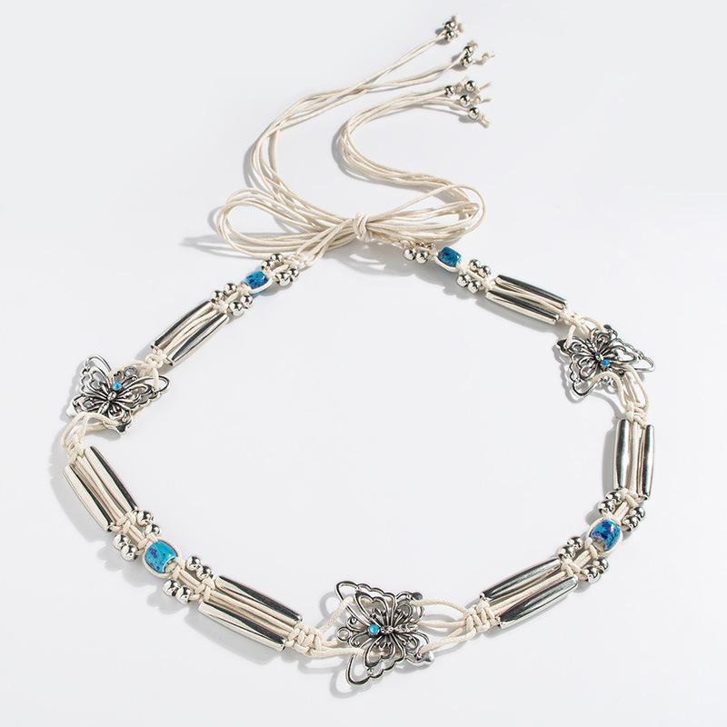 New Boho Style Butterfly Silver Beads Weaving Knotted Ethnic Style Handmade Women's Belt Casual Vacation Style Waist Rope