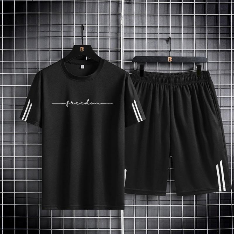 Fashionable men s summer minimalist striped letter print comfortable breathable round neck T-shirt shorts set outdoor sportswear XXS