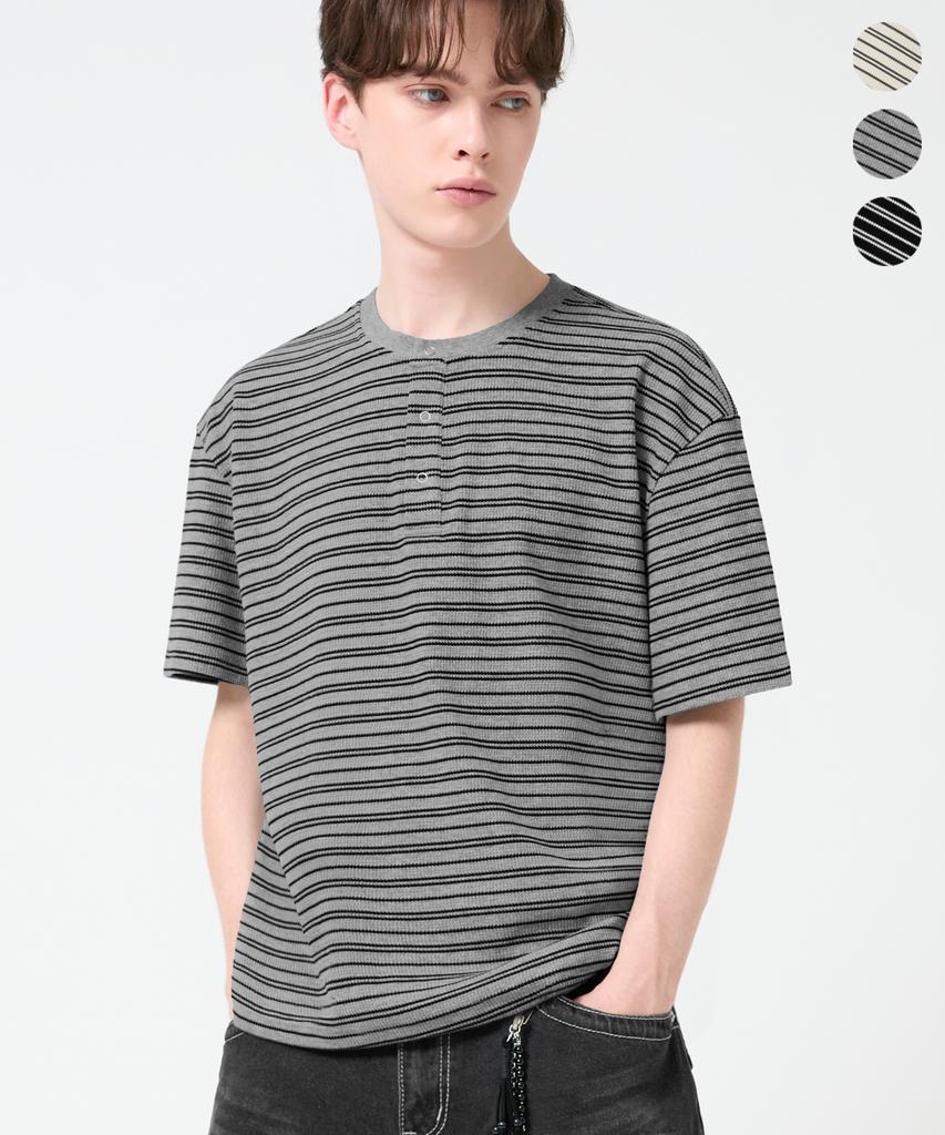 TRILLION Stripe Ring Snap Henley Neck Half Sleeve_3Color