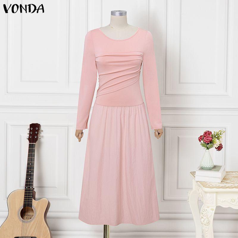 

VONDA Женское повседневное платье с круглым вырезом, вставками, длинными рукавами, приталенное, расклешенное 5XL розовый