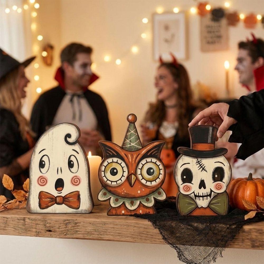 Farmhouse Style Halloween Wooden Tabletop Sign Cartoon Halloween Tiered Tray Decor Shelf Decor