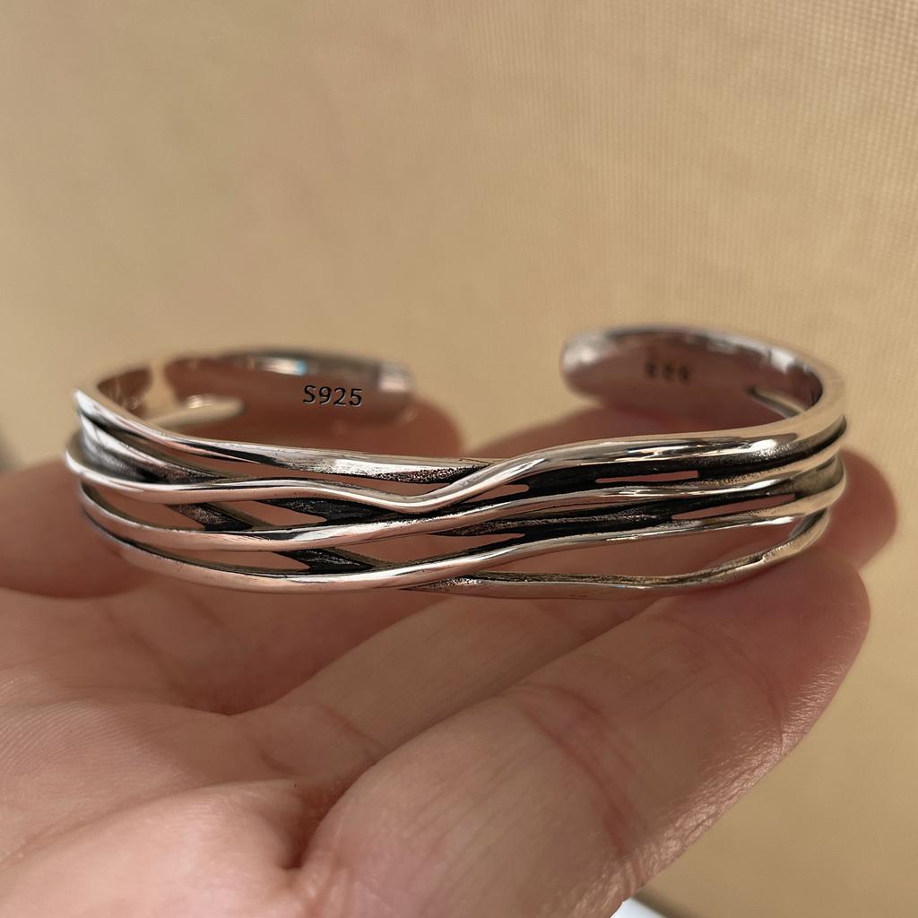100% Solid 925 Sterling Silver Metal Bracelet for Women Vintage Handmade Simple Retro Black Stone Bracelet Birthday Gift Party