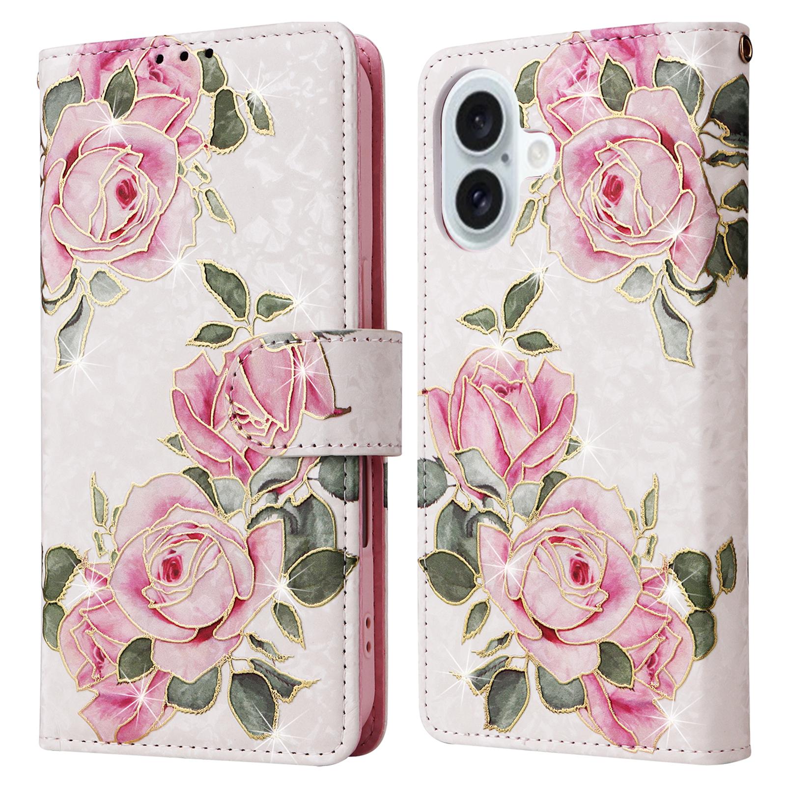 

For iPhone 16 Plus Case Lacquered RFID Blocking Wallet Drop-proof PU Leather Phone Cover Flower