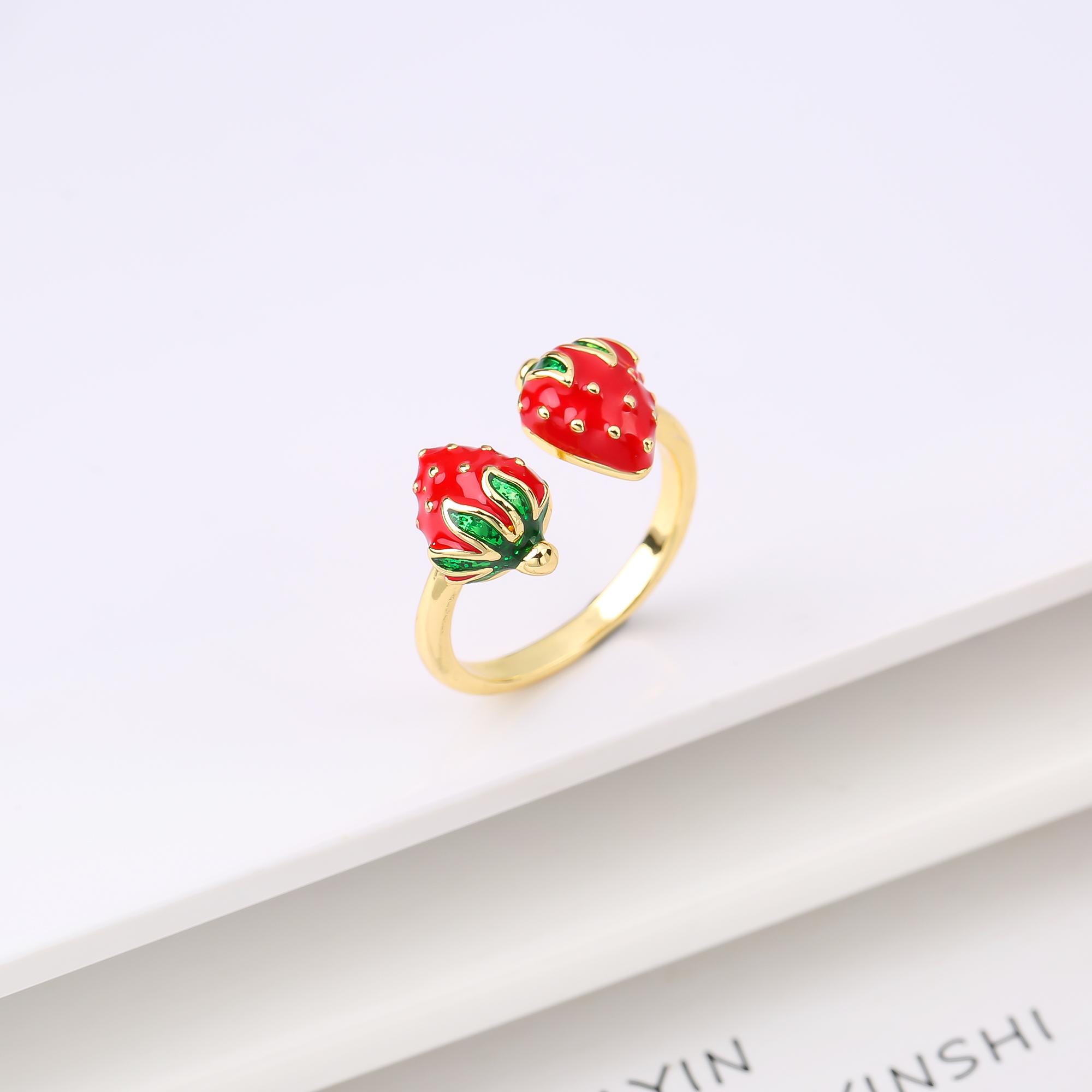 

New Creative Copper Oil Drop Red Strawberry Zirconia Ring Charm For Woman Girl Vacation Casual Zircon Accessories Adjustable resizable