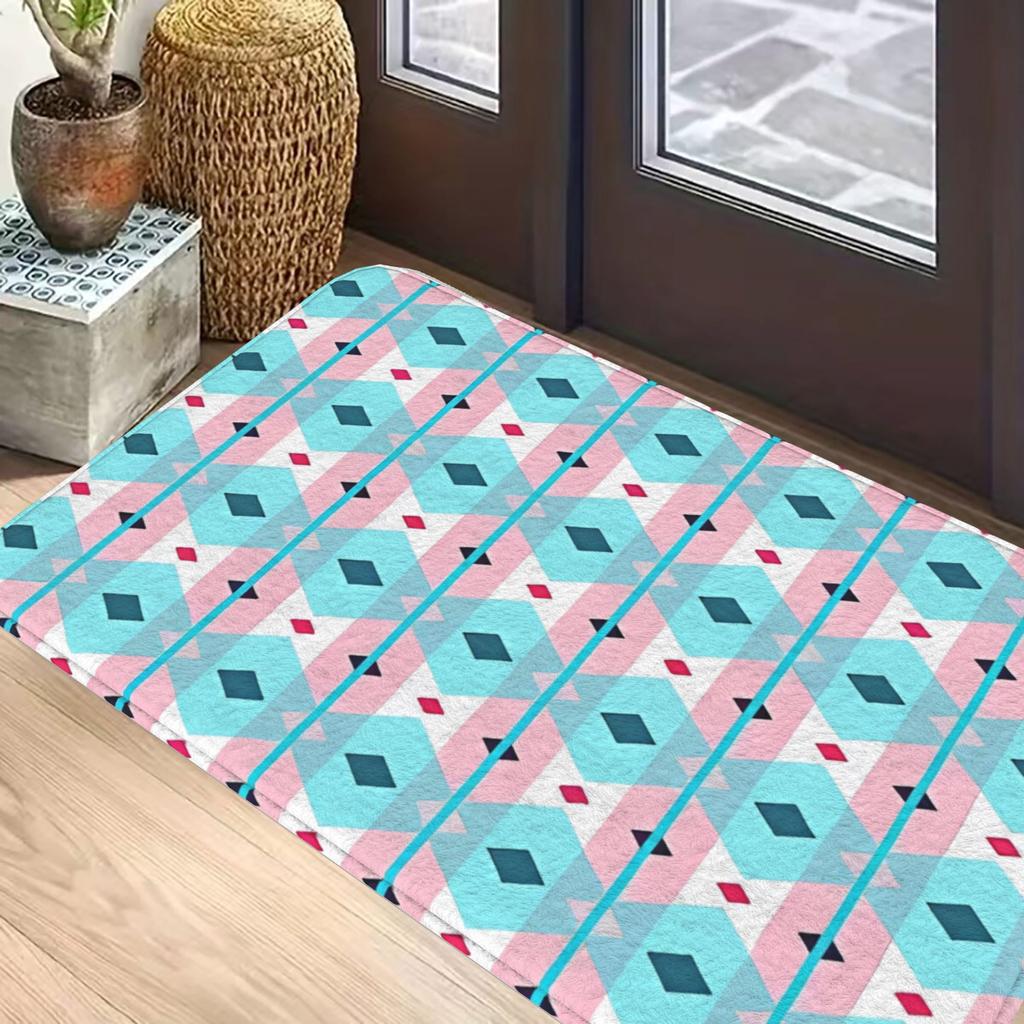 Pink and blue diamond grid pattern mat, geometric pattern with dark red decoration, carpet for indoor home decoration