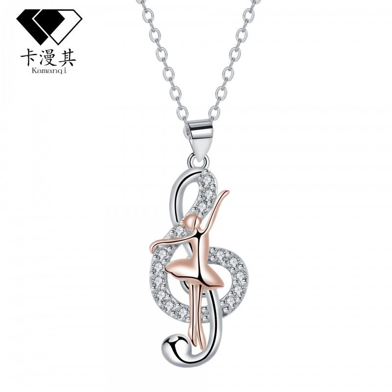Elegant Ballet Girl Music Note Pendant Necklace Women Rose Gold Plated Copper Chain Lightweight Luxury Choker Crystal Gold