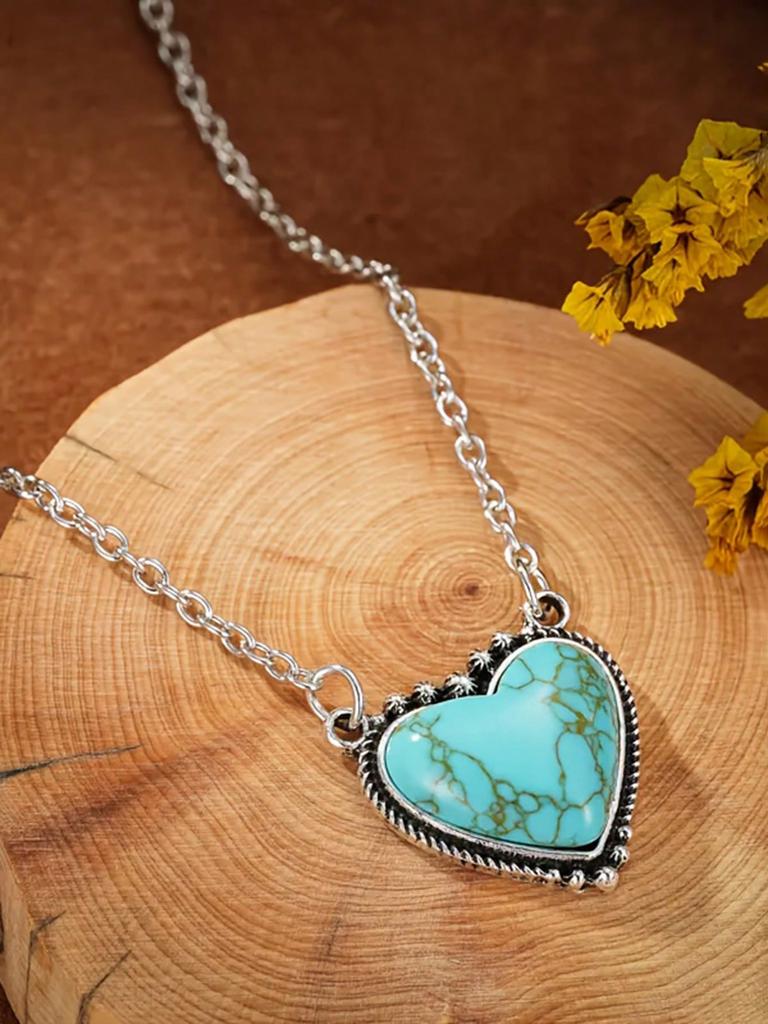 3tlg./Set Damen Böhmischer Vintage Stil Herz Türkis Anhänger Halskette Ohrringe Schmuckset Westernschmuck für Party Abschlussball Kleidung Geschenke