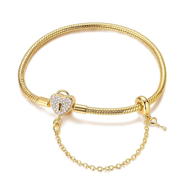Originální náramek 925 Sterling Silver Náramek s přívěsky 17-20CM Zlaté Srdce Klíč Lásky Čtyřlístek Náramek Bangle Dámské Šperky Dárek