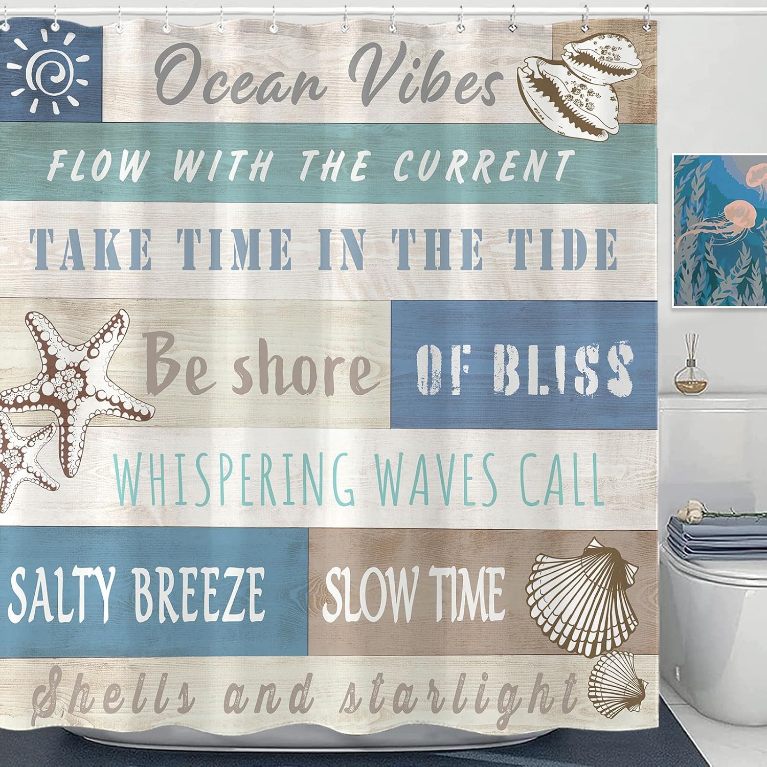 

Ocean Vibes Shower Curtain Beach Theme Starfish Shells Nautical Design Coastal Decor Waterproof Fabric Summer Style Home W60H190(CM)-1 Pcs