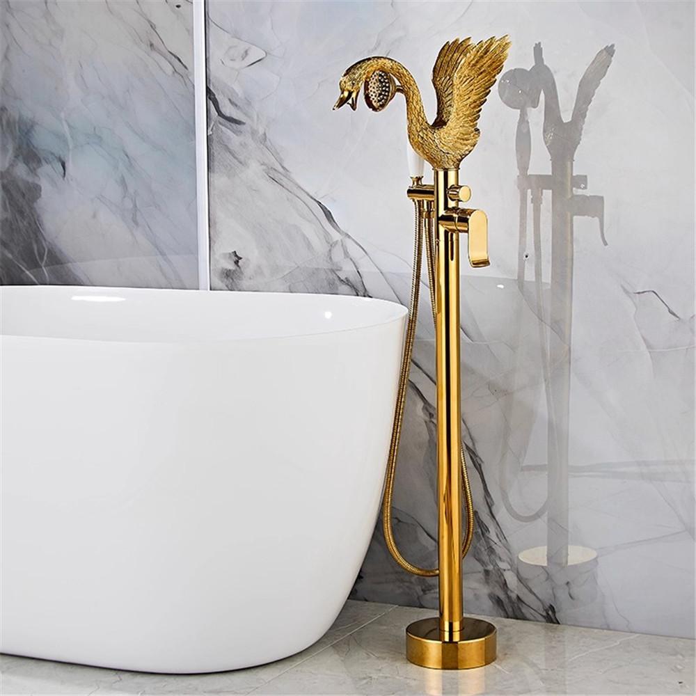 Articstic Creative Gold Swan Bathroom Bathtub Faucet with Handheld Shower Free Standing Brass BathTub Mixer Taps Floor Mounted
