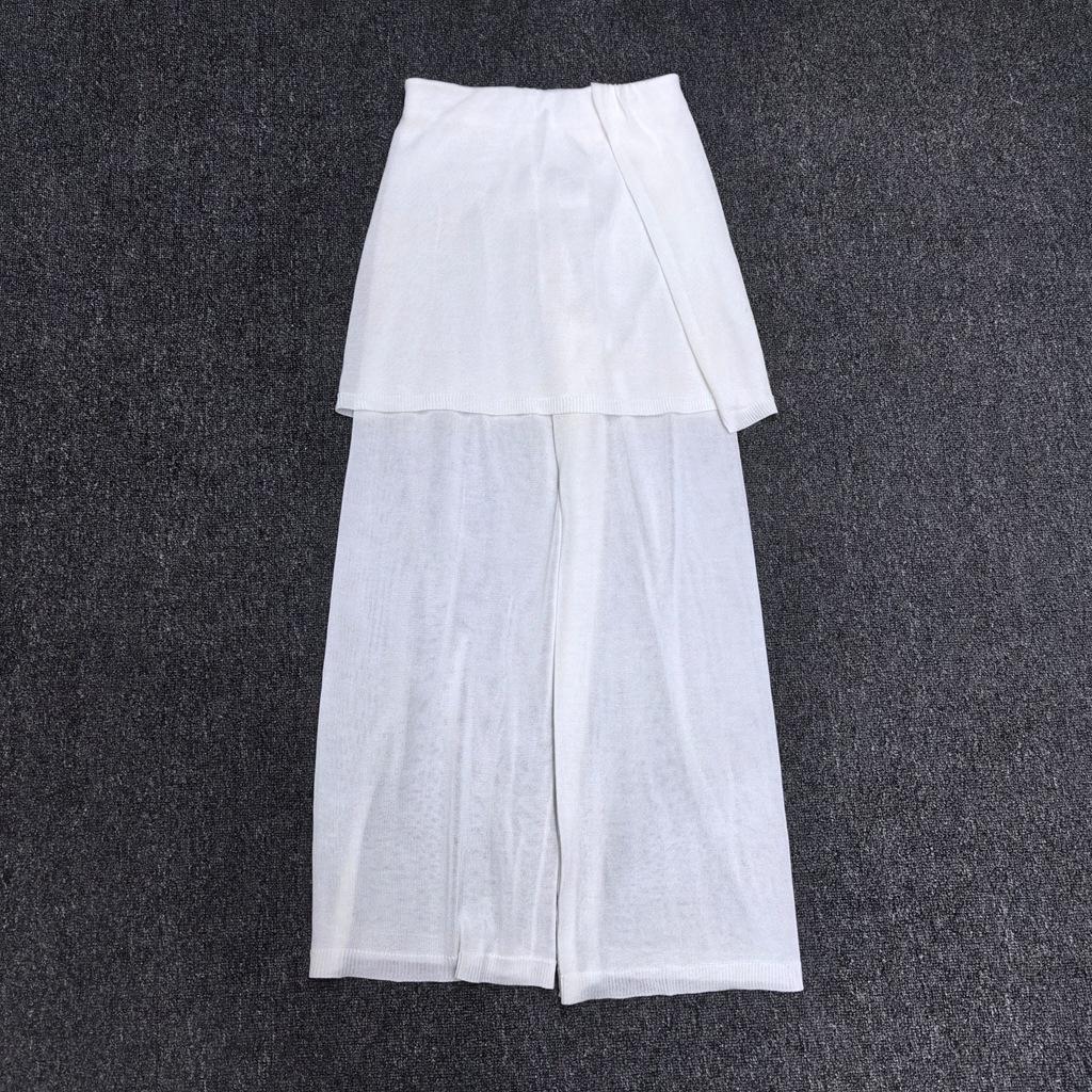 Longmei Women's Knit Wide-Leg Fake Two-Piece Elastic Waist Pants - Spring/Summer 2026 Minimalist Style Straight-Leg Trousers