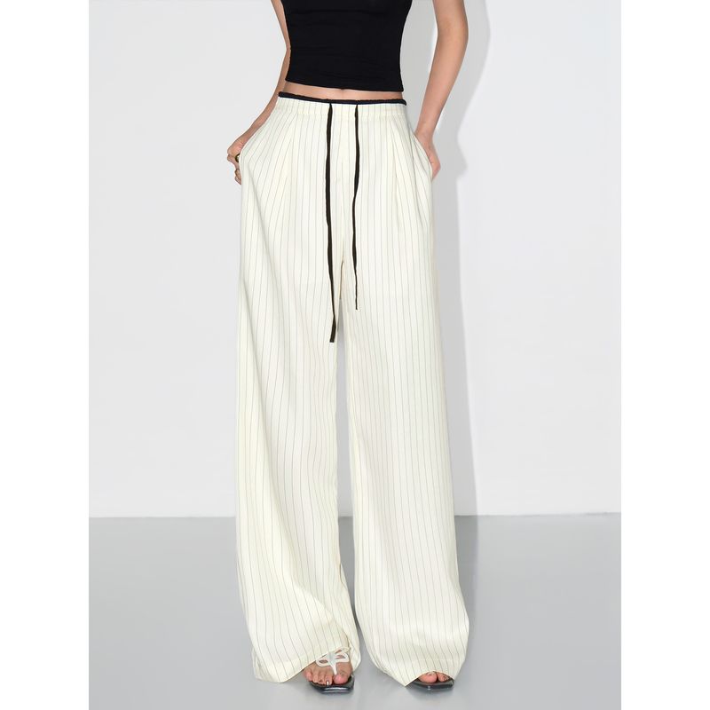 

Neva Hu Design Drawstring Striped Pants Women Niche Loose Casual Pants Straight Trousers Mop Wide-Leg Pants Apricot Bottom Black Strip(In stock) S