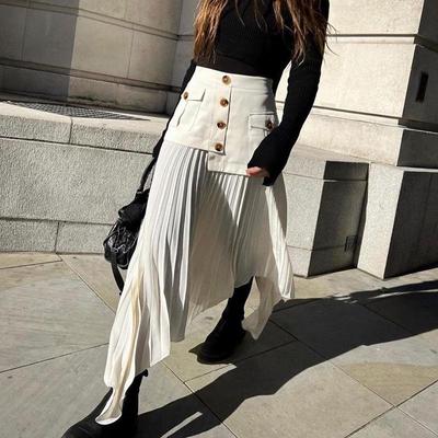 2025 Autumn Elegant Patchwork Tassel Pleated Midi Skirt