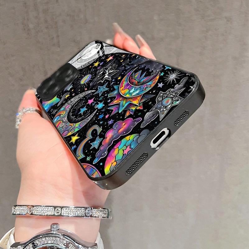 Bunte Sterne und Mond Glasmaterial Handyhülle für iPhone 17 16 15 14 13 12 11 Pro Max 16E 7 8 Plus XR XS X Stoßfeste Hülle