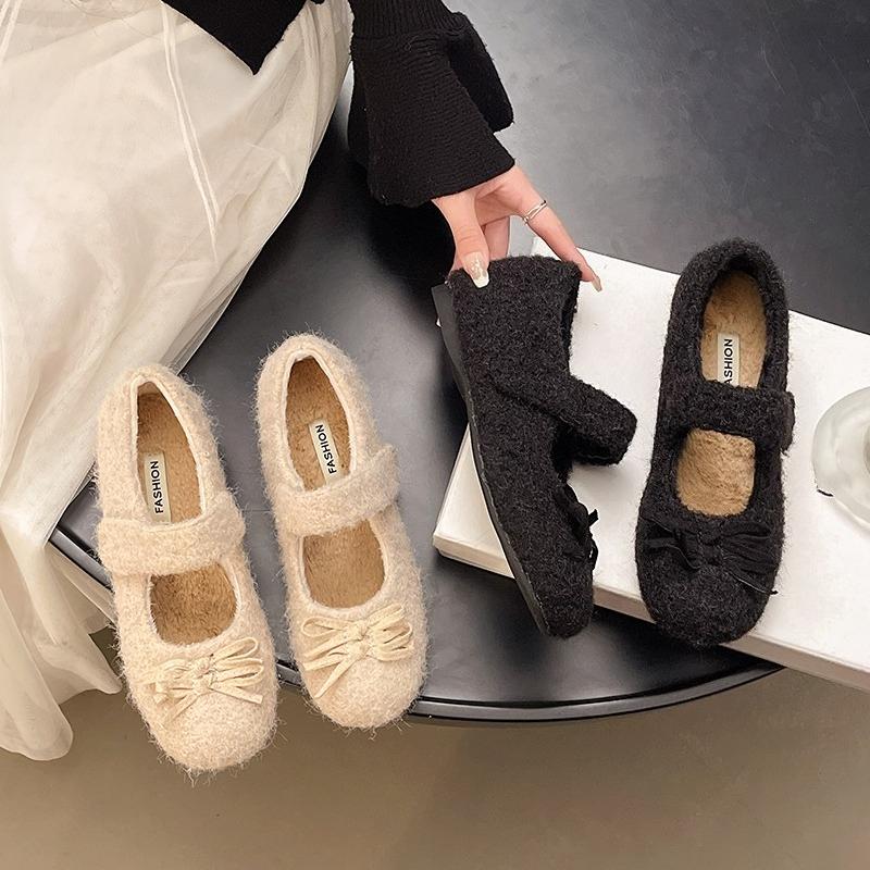 French Flat Mary Jane Women's Outwear 2026 Fall Winter Fleece Cotton Shoes Fluffy Flats