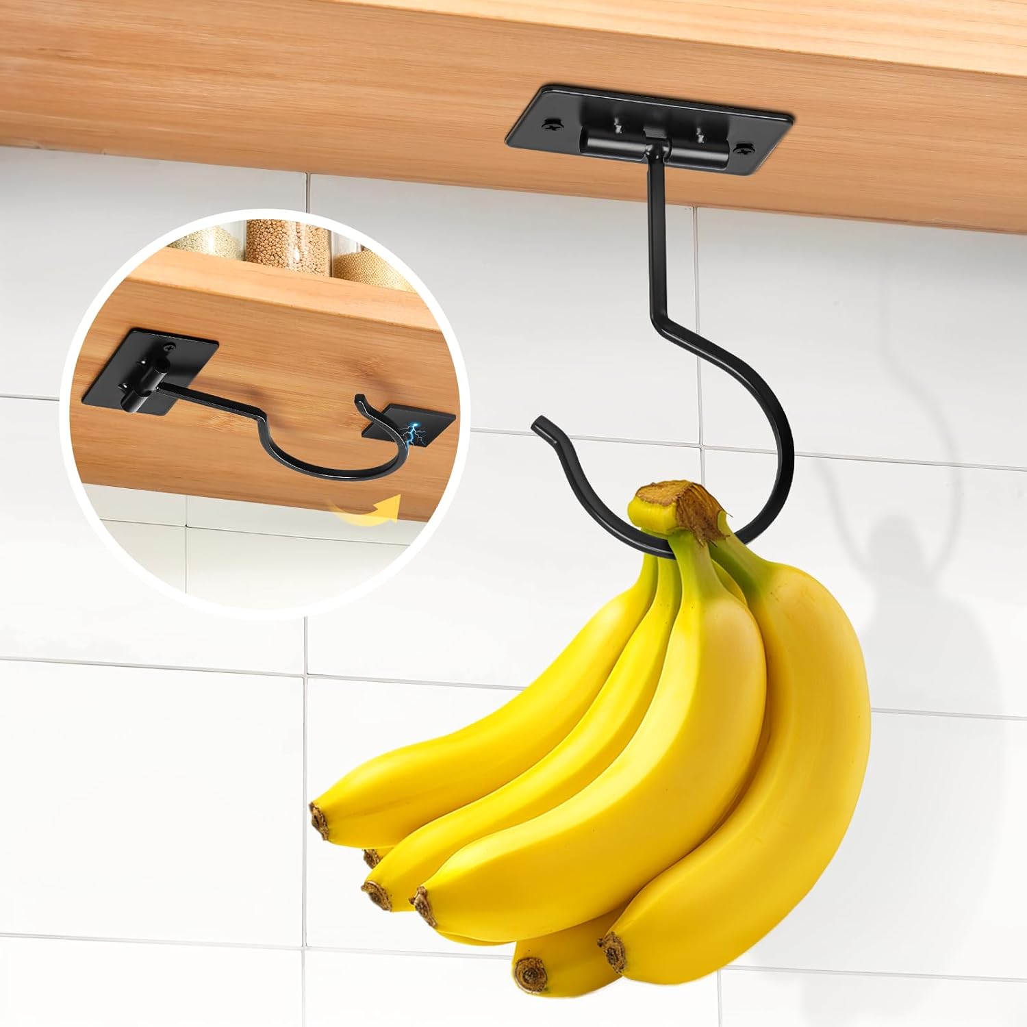 Self Adhesive Banana Hook Under Cabinet Foldable Banana Hanger Black Metal Under Counter Banana Hook to Keep Bananas Fresh Banana Holder for Kitchen 1