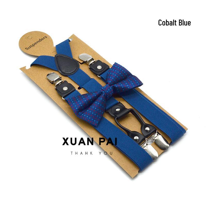 Adult Unisex 4-Clip Elastic Suspenders & Bow Tie Set, Non-Slip, Solid Color, 2.5cm
