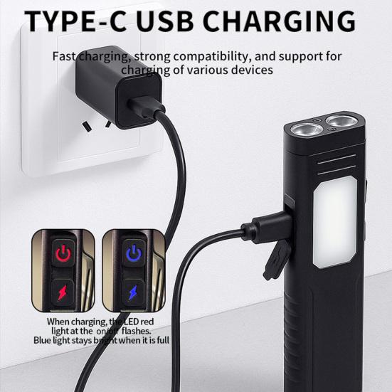 Multi-functional Flashlight with Back Clip USB Rechargeable IPX4 Waterproof Work Lamp Magnetic Portable Outdoor Camping Hiking Emergency Lamp