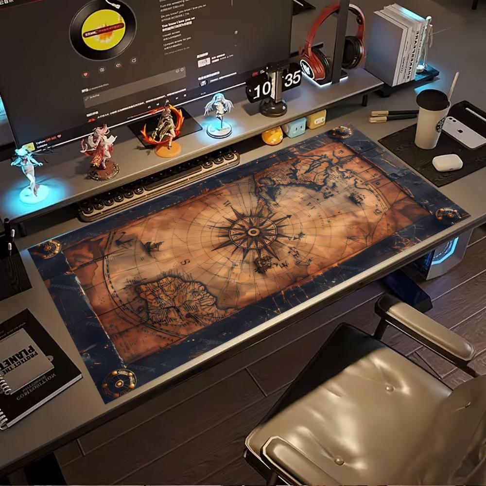 Vintage Compass World Map Large Gaming Desk Mat Non Slip Rubber Mouse Pad Stitched Edge Keyboard Mat Laptop Game Accessory