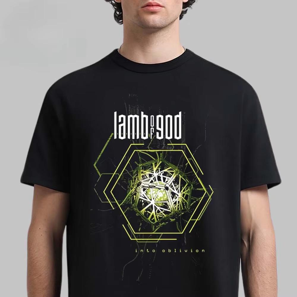 Lamb Of God Into Oblivion Graphic Tee Featuring Geometric Energy Core Art Heavy Metal Streetwear Casual Unisex Top