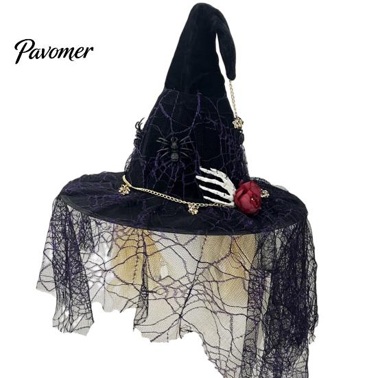 Party Favors for Festivals Punk Skeleton Hand Witch Hat with Spider And Veil, Black Large Stylish Headwear Wizard Costume Accessory Adults, Carnival,