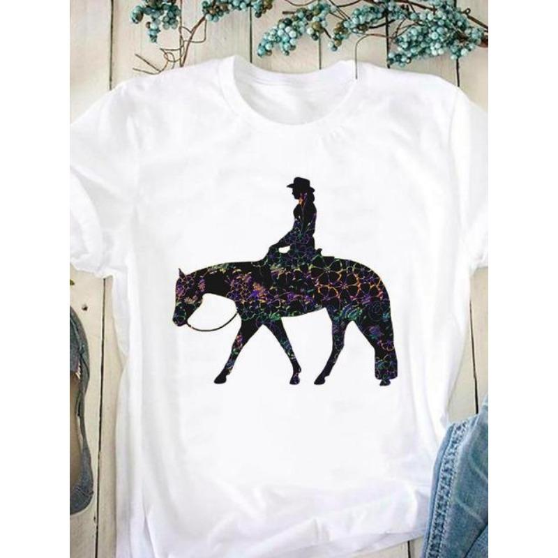 Horse Pattern Printed Women's Pure Cotton Short Sleeved Round Neck White T-Shirts Women’s
