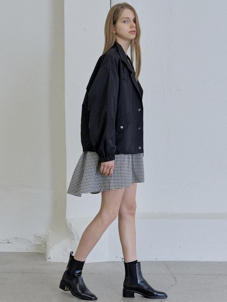 Avang Check Puff Shirring Mini Dress - Black