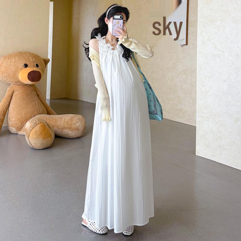 2026 Summer Maternity Two-Piece Set: 3D Floral Chiffon Tank Dress & Cardigan Large