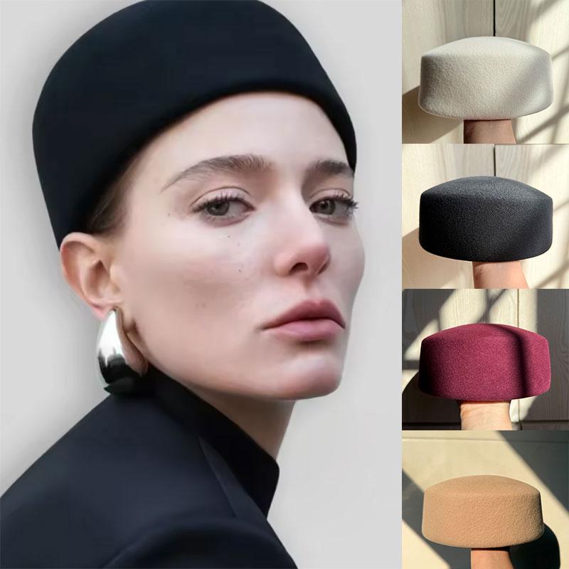 Vintage Hard Top Flat Fedoras Hats Women 100% Wool Felt Berets Hat Wedding Fascinator Caps Wedding Cocktail Party Pillbox Hat