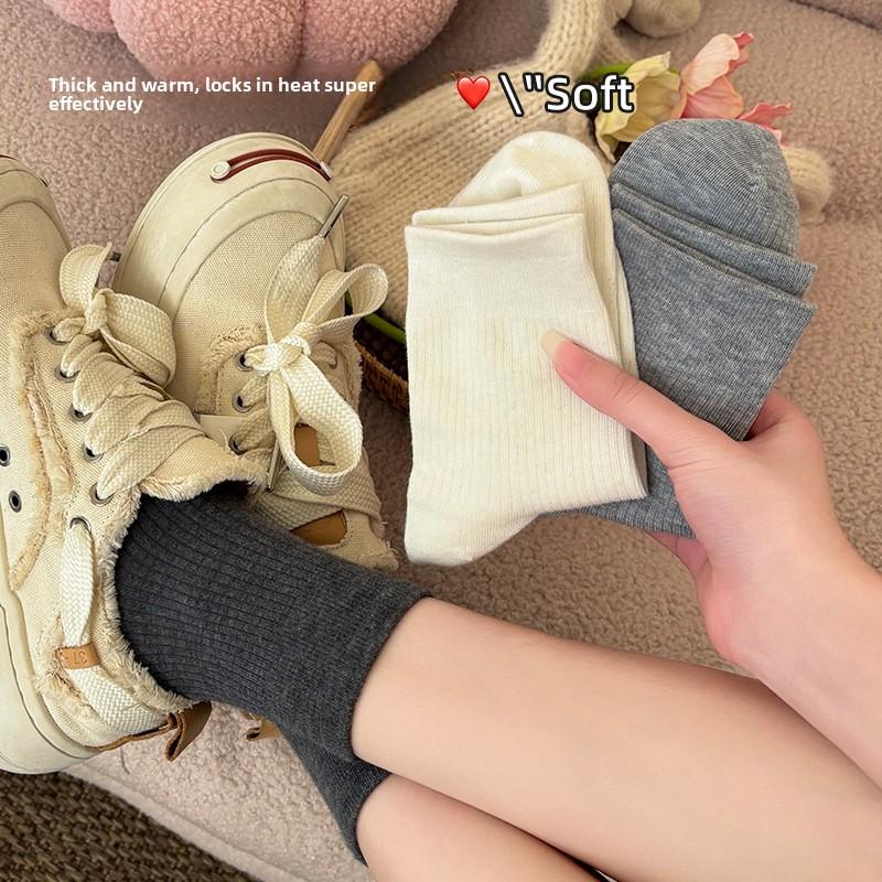 Wool Socks - Trendy Autumn-winter Color Double-needle Mid-calf Socks with Boodles Shoes for Warmth and Layering Effect