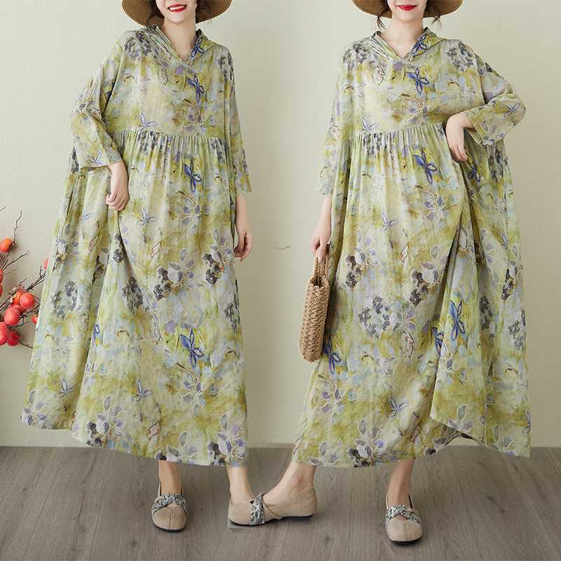 Retro Niche Gentle Wind Yarn Cotton Linen Printed Dress