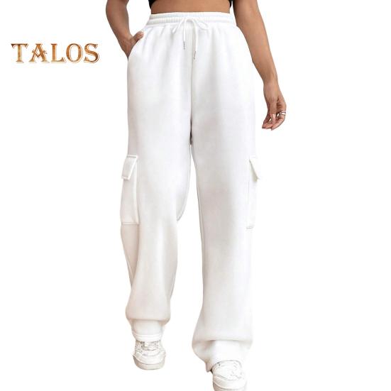 Pantaloni cargo pentru femei, cu talie elastică, cu șnur ajustabil, pantaloni drepti, cu picioare largi, pantaloni lungi sport de culoare solidă